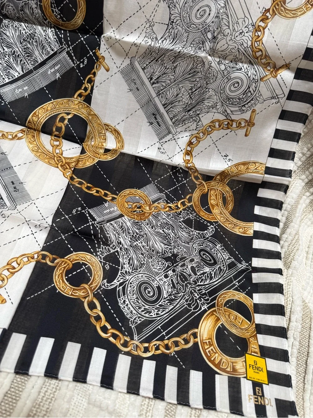 Fendi Black, White & Gold Chain-Print Silk Scarf